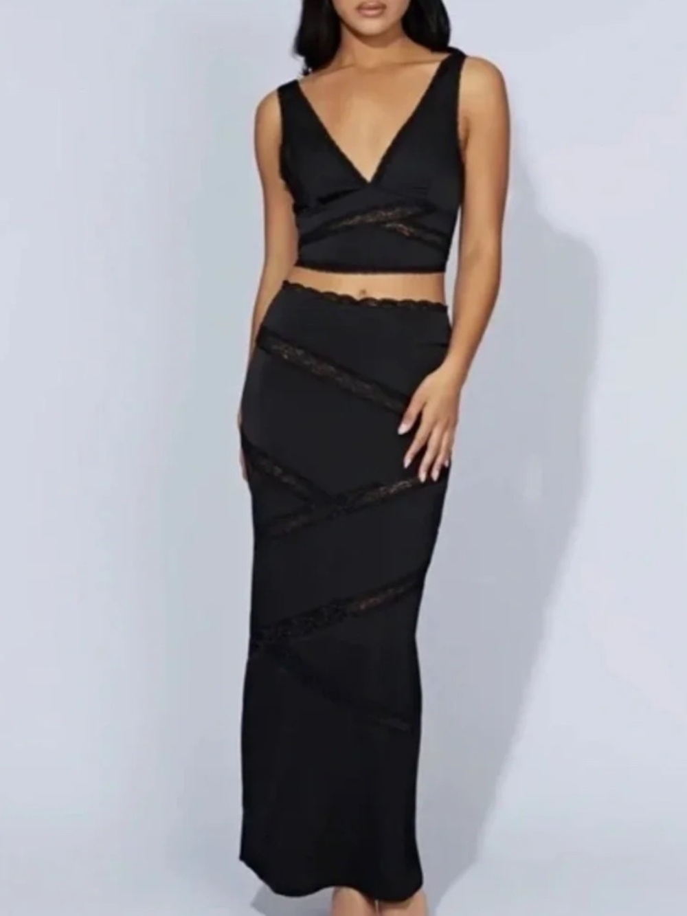Meshki Black Lace-Trim Maxi Skirt - Women's Skirt